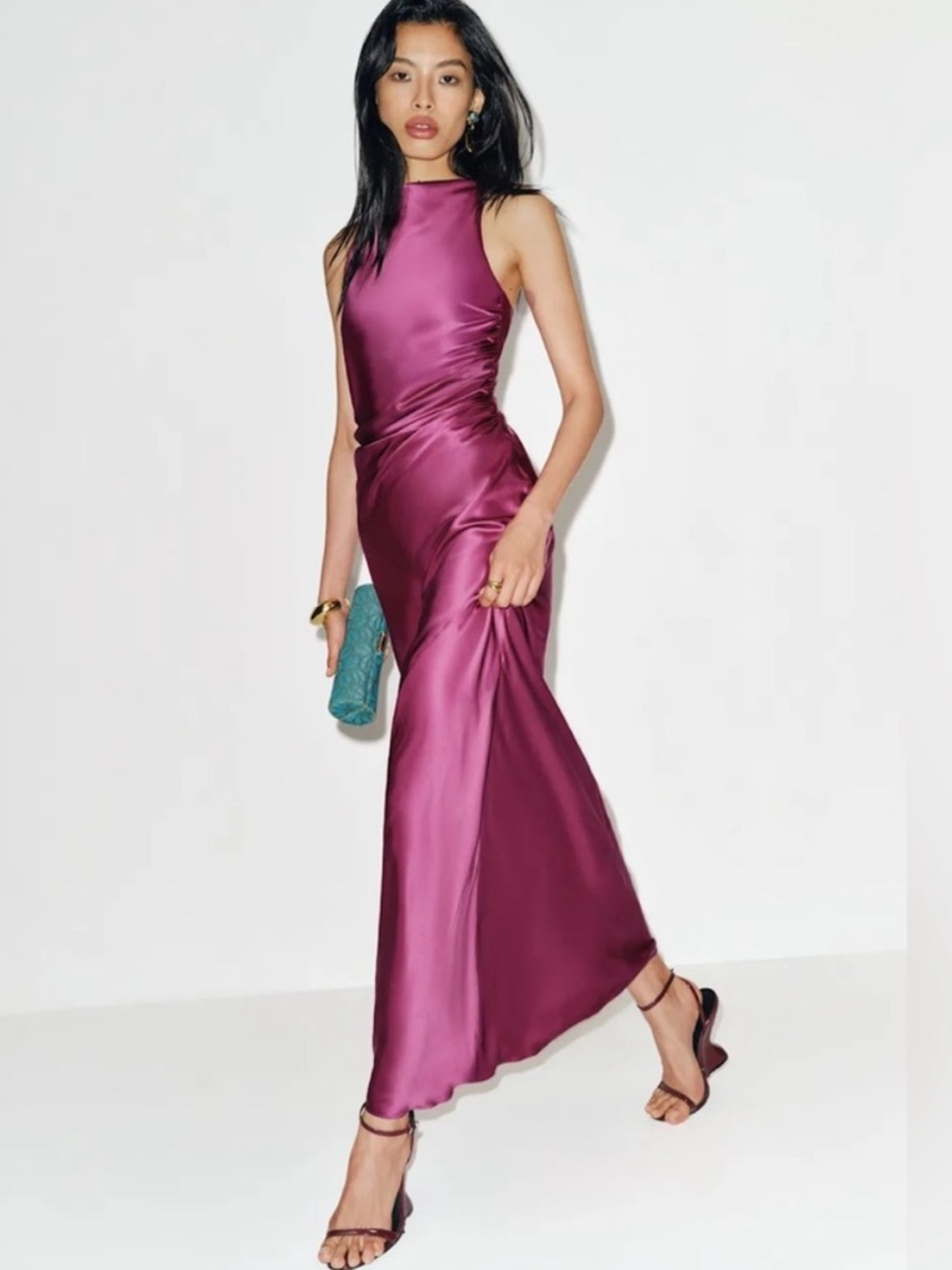 Reformation Magenta Satin High-Neck Maxi Dress